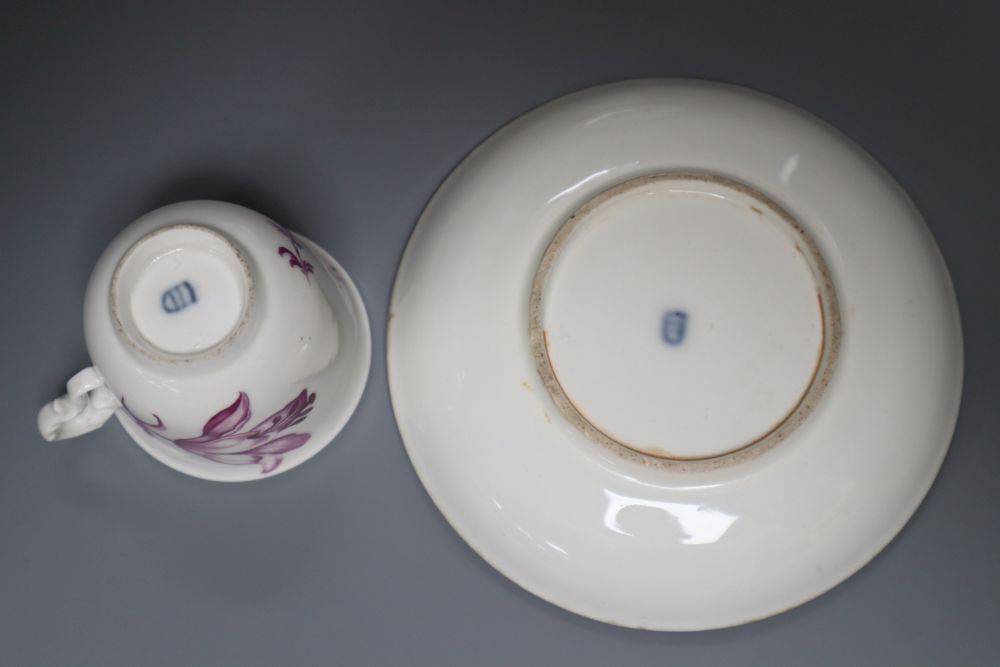 A Vienna puce en camaieu cup and trembleuse saucer, diameter 13.5cm (repair) and a similar Furstenburg cup and saucer, late 18th centur